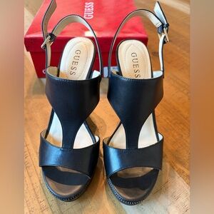 Guess Black Leather Wedge Sandals, 8